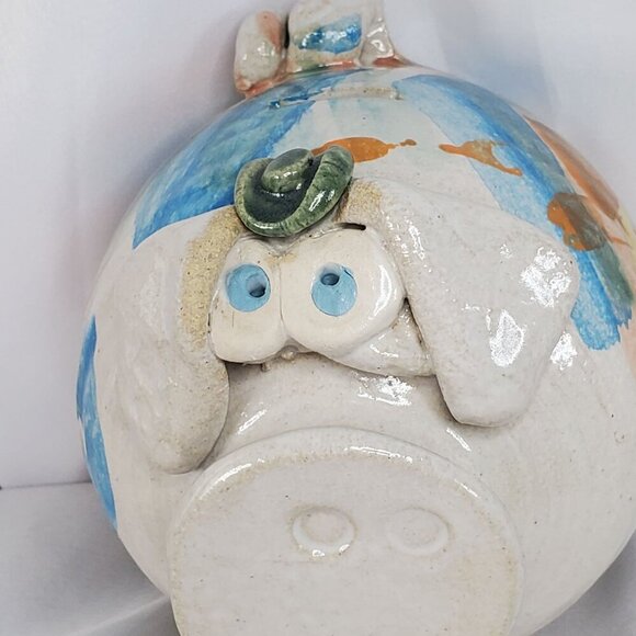 Vtg Piggy Bank Studio Art Pottery Ceramic Glazed Pig, Cowboy Hat & Large Snout - Picture 15 of 16